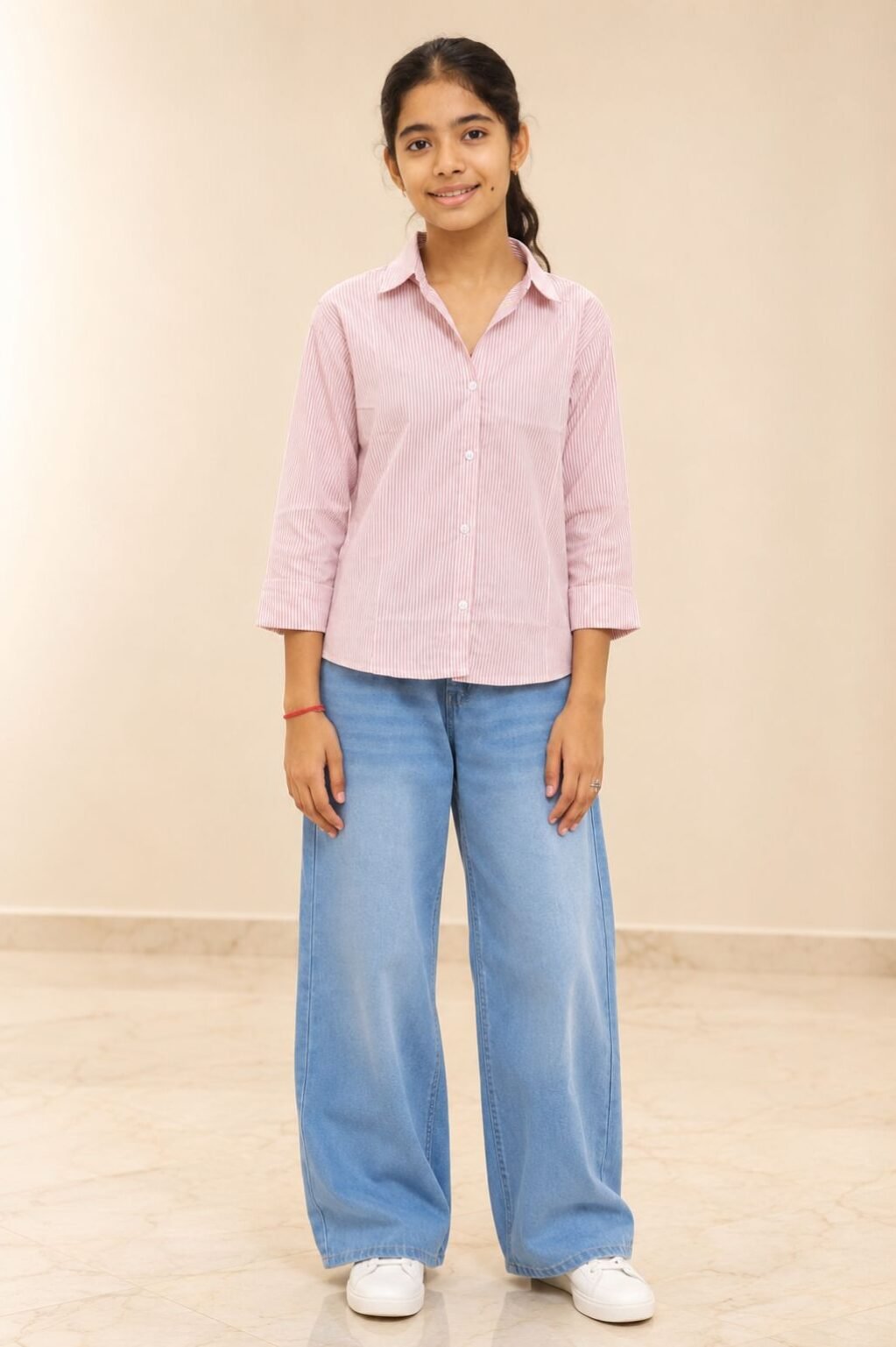 Pink Striped Shirt & Wide-Leg Jeans Combo