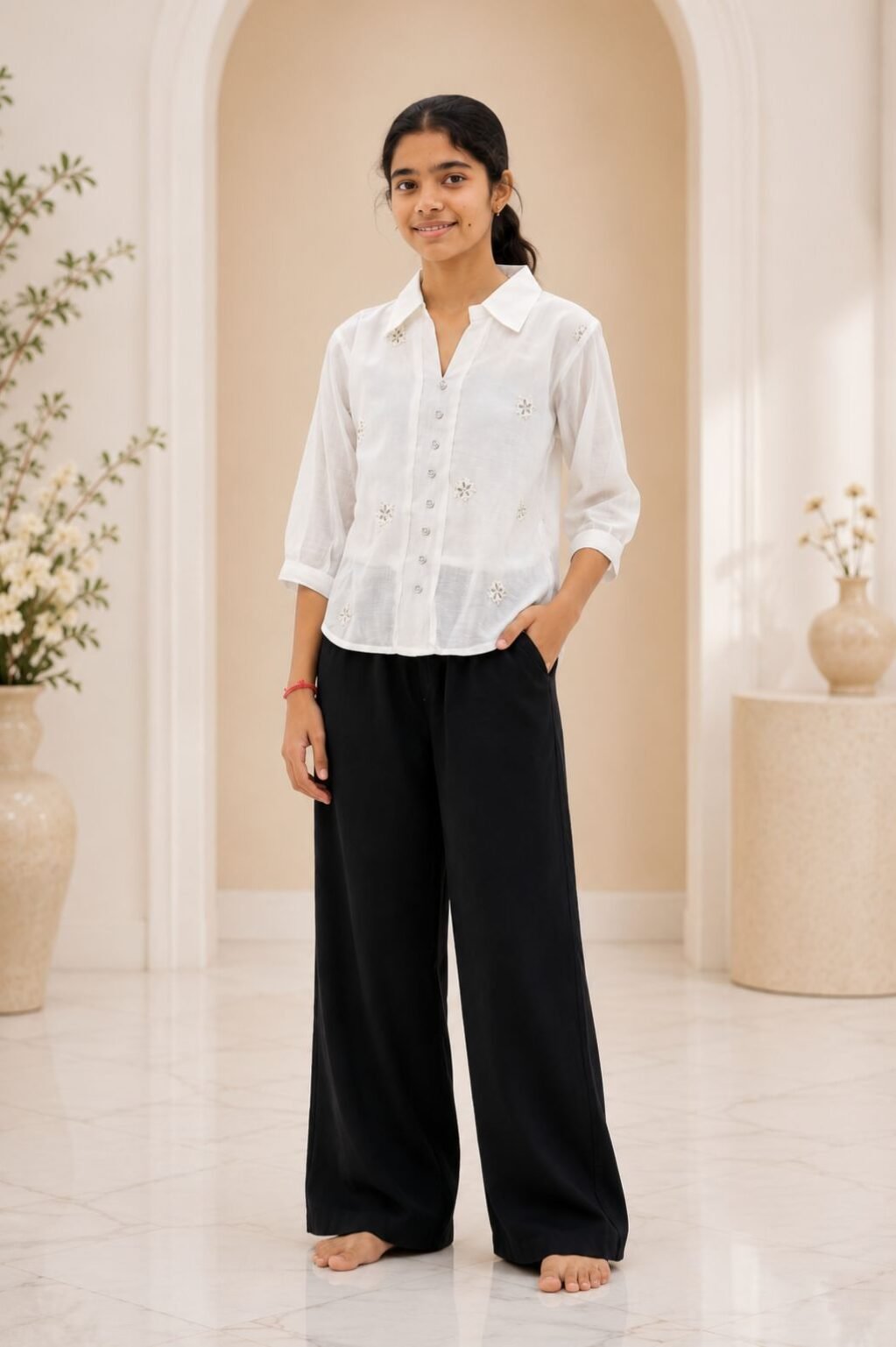 Embroidered White Shirt & Black Wide-Leg Trousers Set
