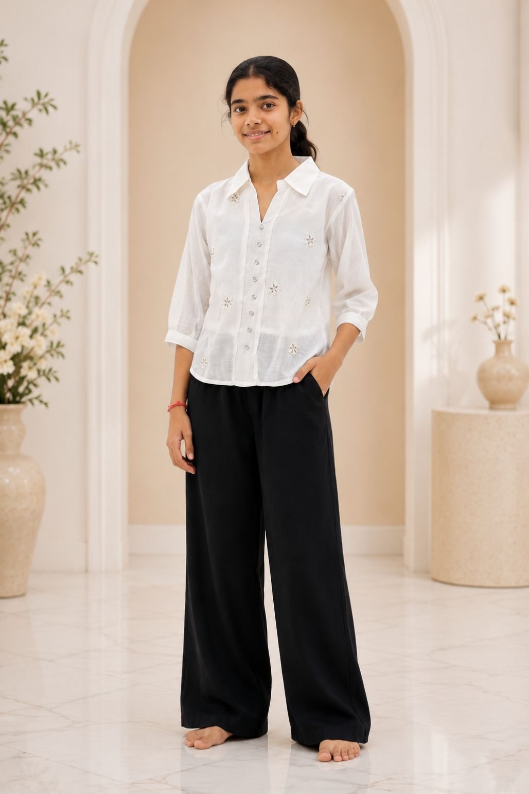 Embroidered White Shirt & Black Wide-Leg Trousers Set