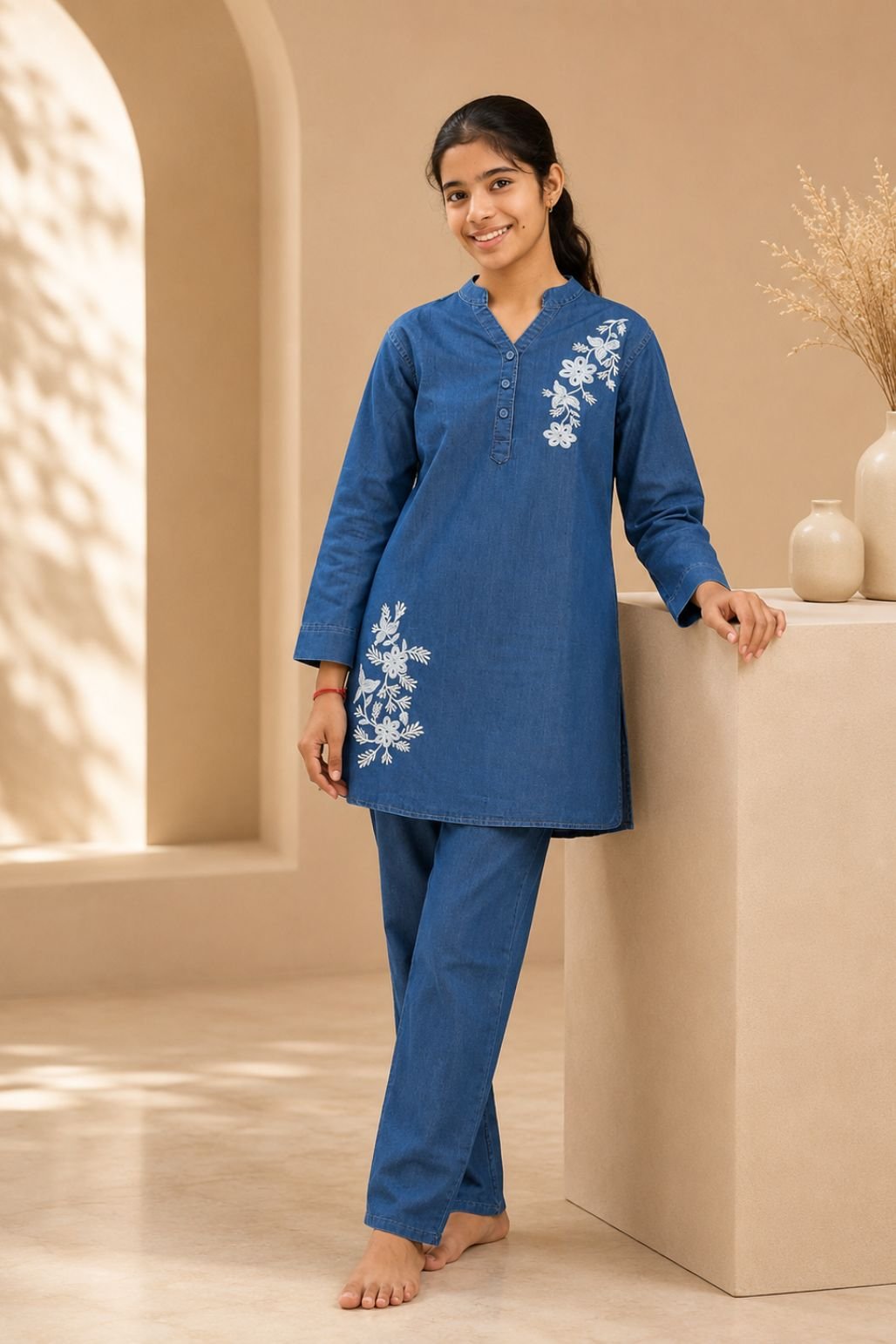 Girls Floral Embroidered Kurta Set (Blue)