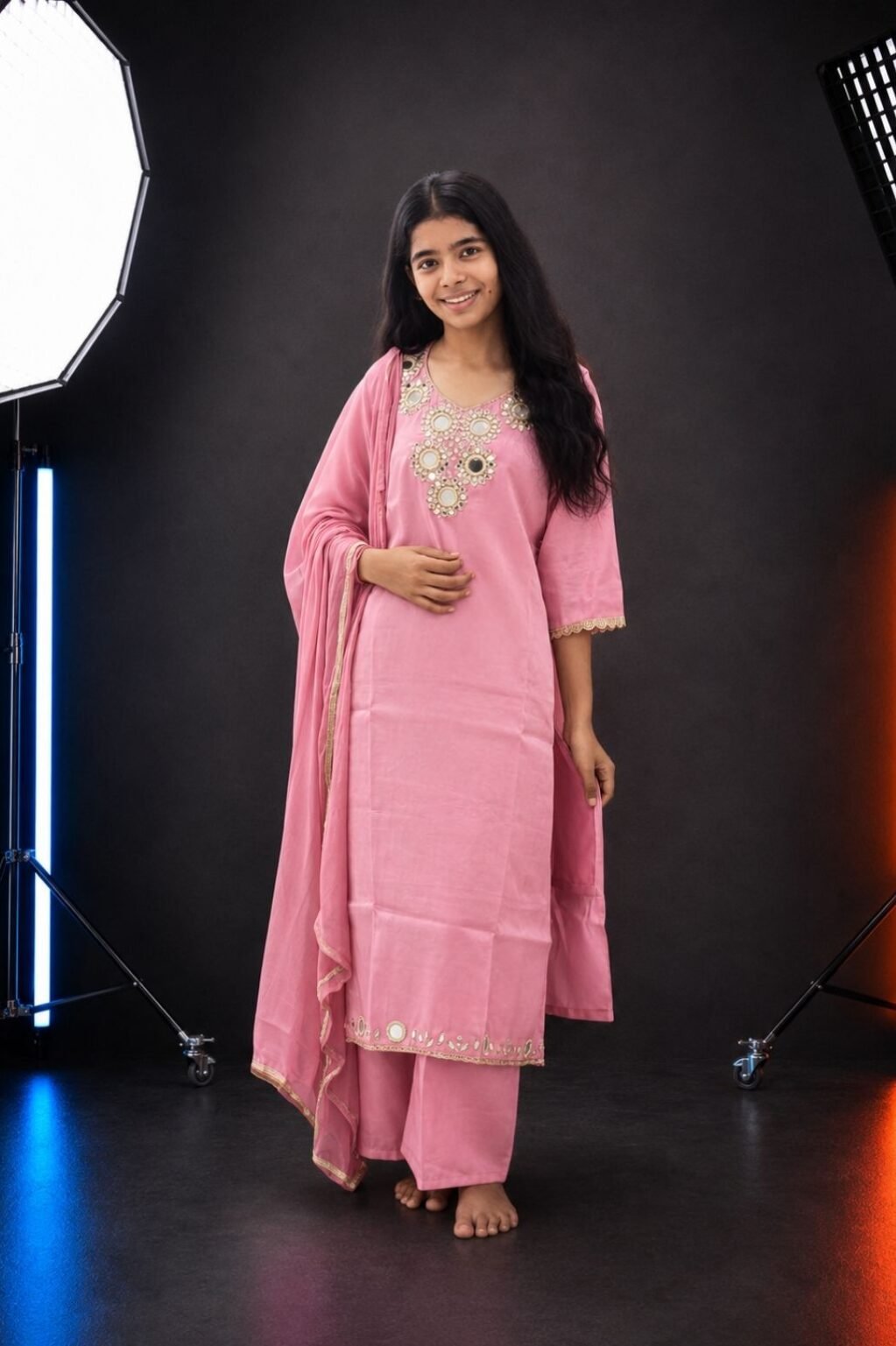 Girls Floral Printed Kurta Set (Pink)