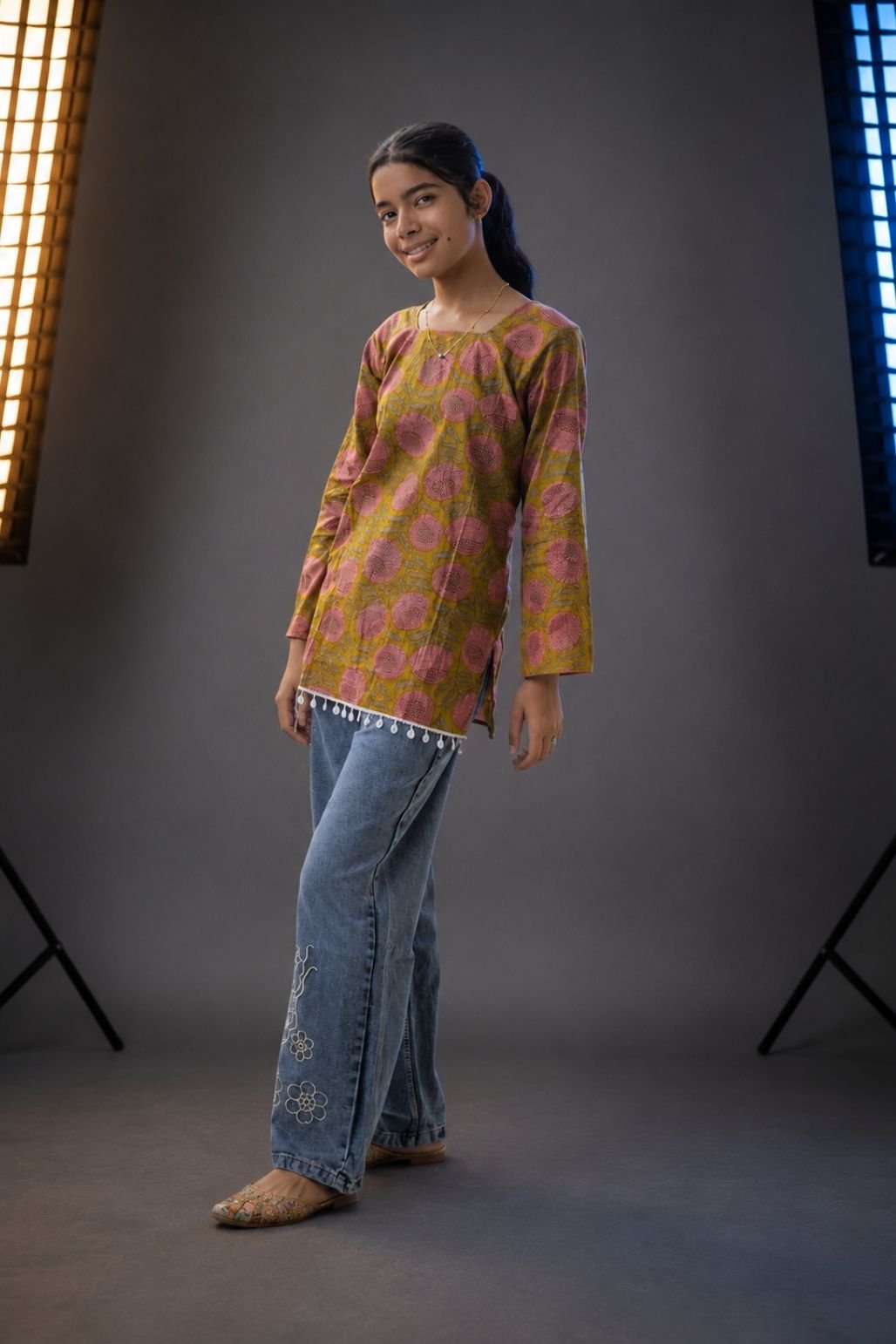 Floral Kurti & Embroidered Denim Combo