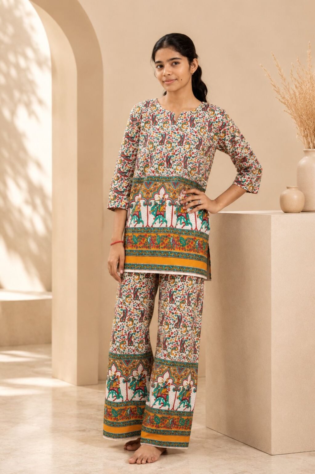 Girls Border Print Kurta Set