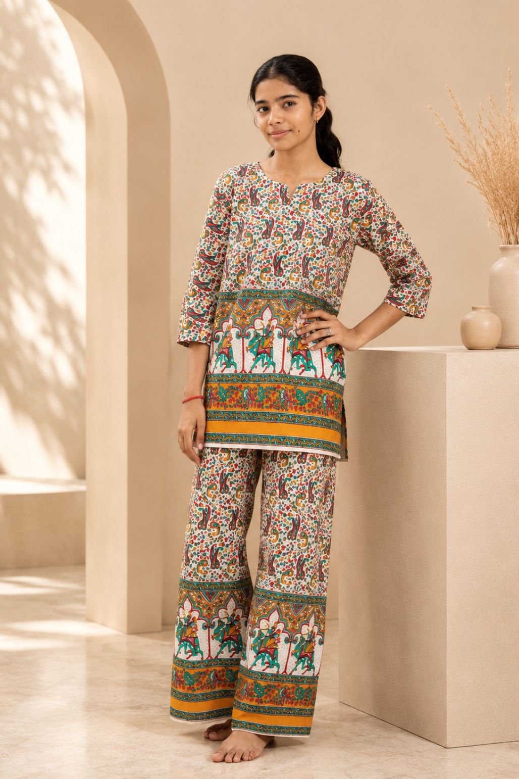 Girls Border Print Kurta Set