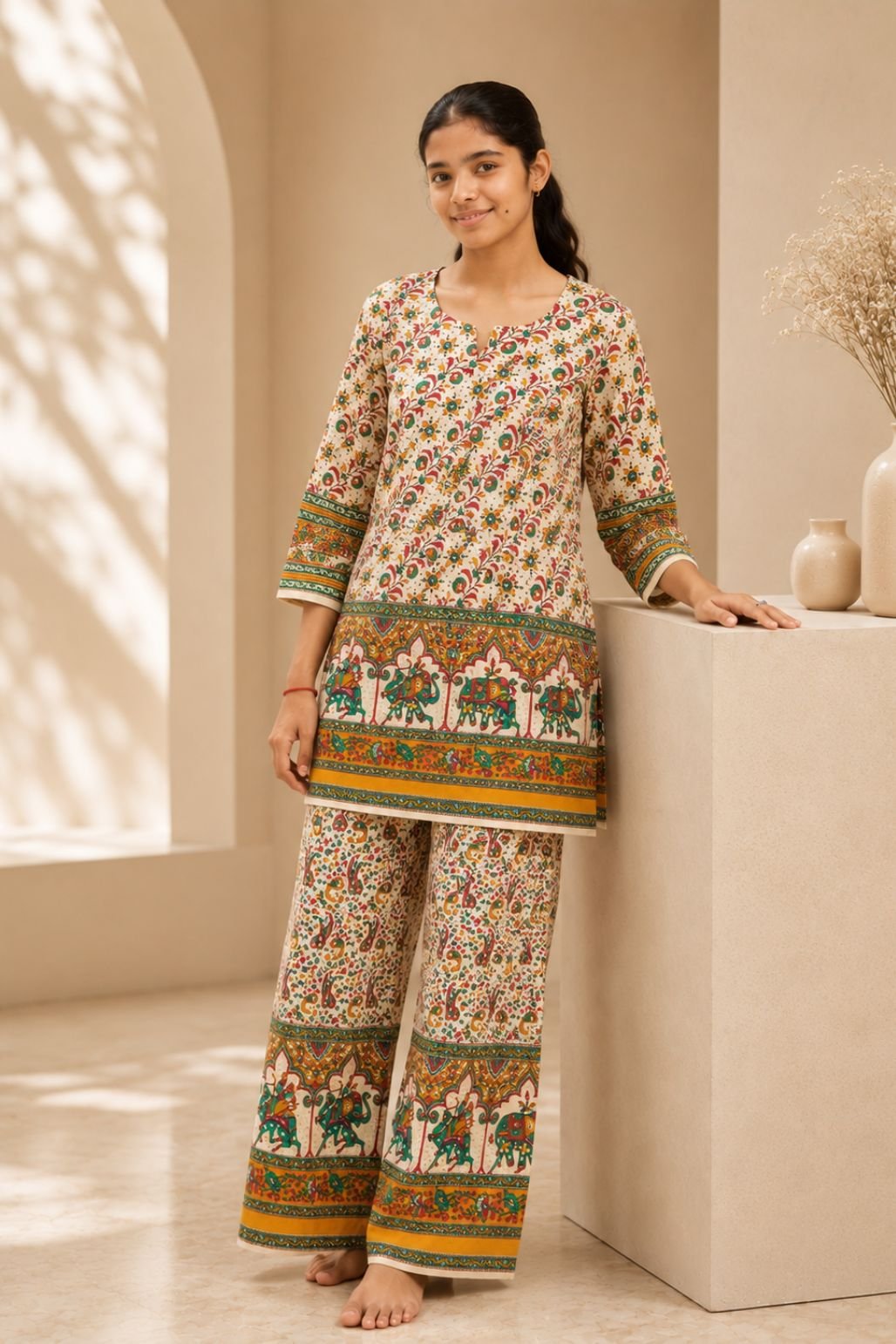 Girls Border Print Kurta Set