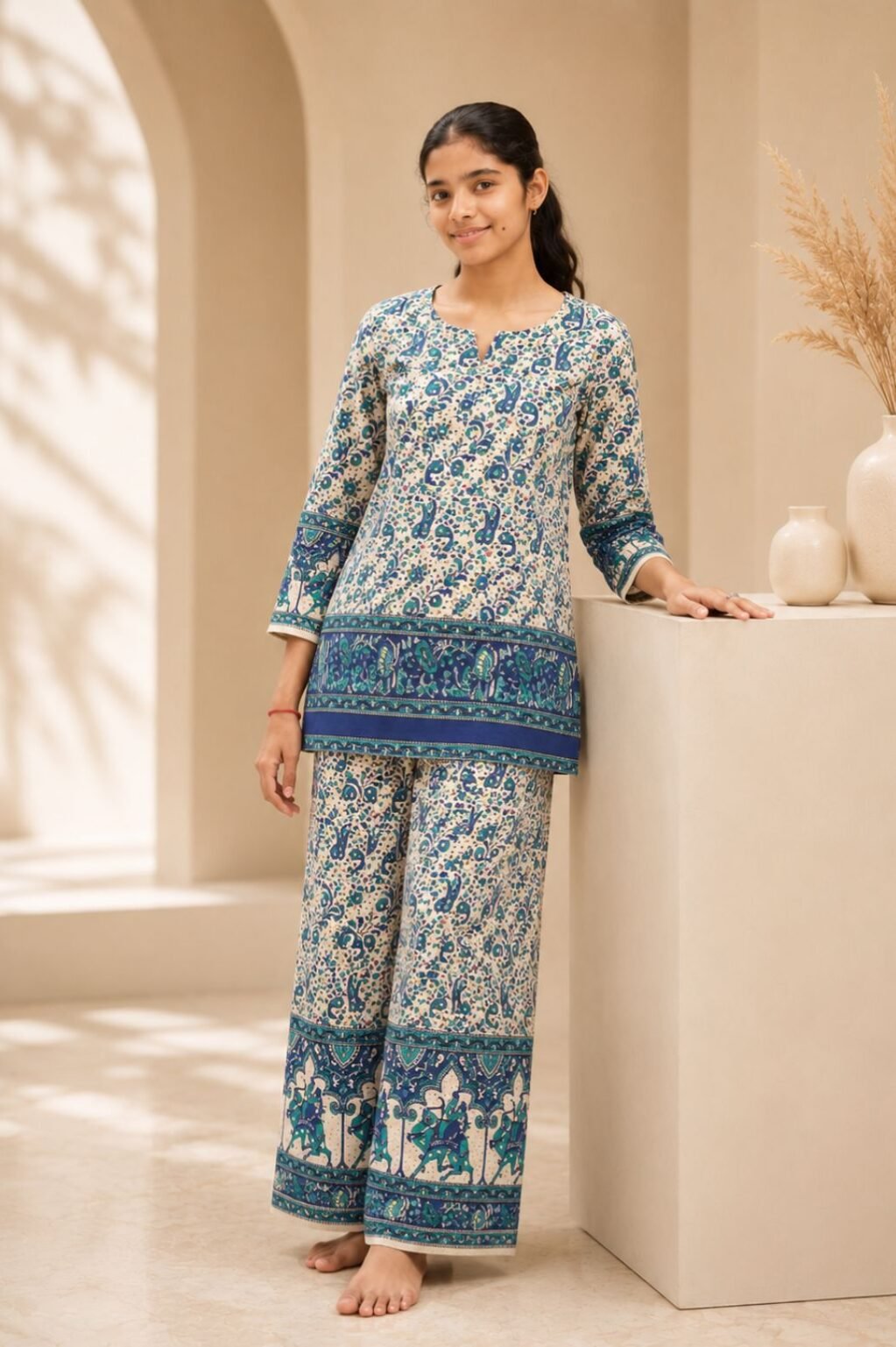 Girls Border Print Kurta Set (Sky Blue)