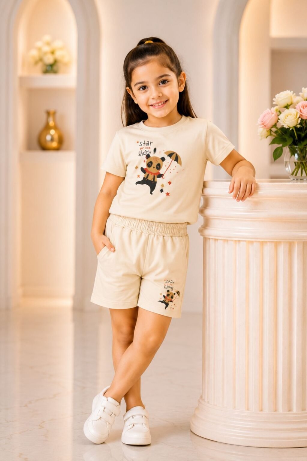 Girls Printed Cartoon T-Shirt & Shorts Set