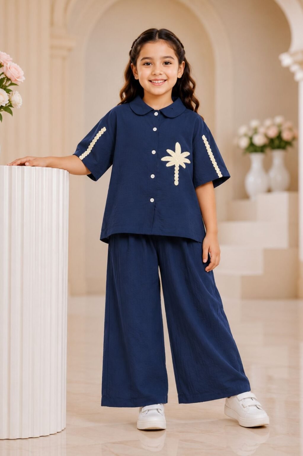 Girls Palm Embroidered Co-Ord Set (Blue)