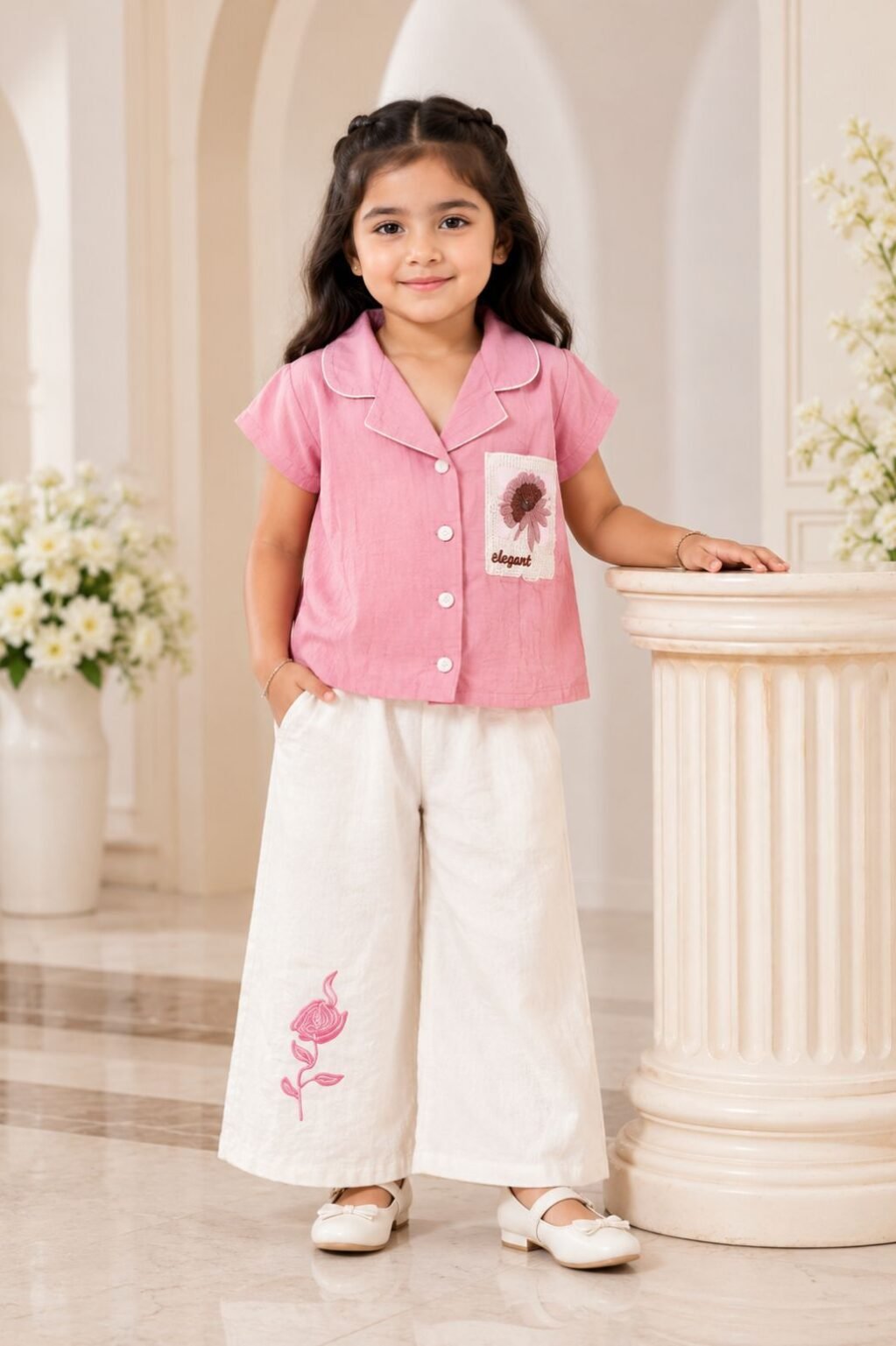 Floral Pocket Shirt & Wide Leg Pants Set for girls
