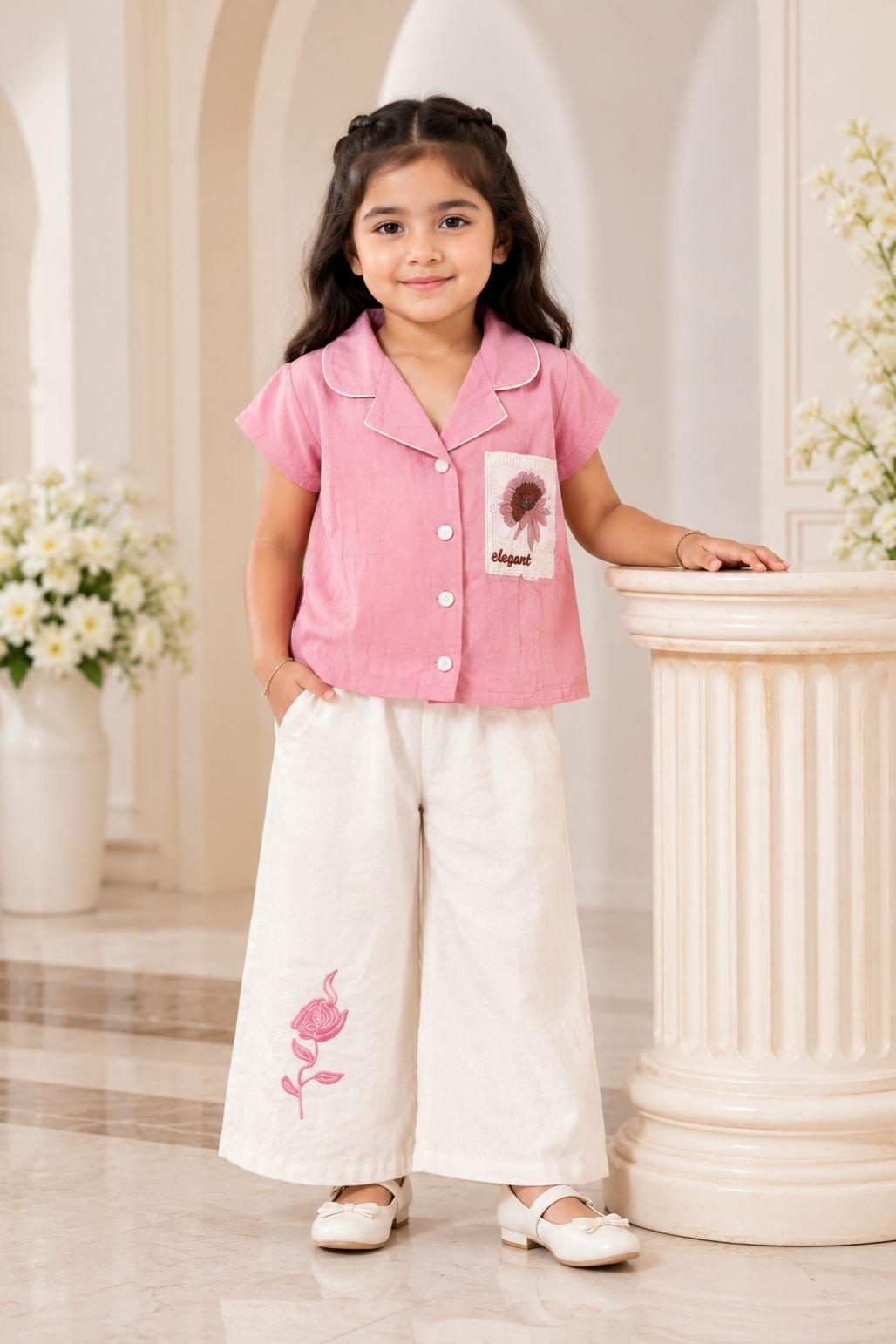 Floral Pocket Shirt & Wide Leg Pants Set for girls