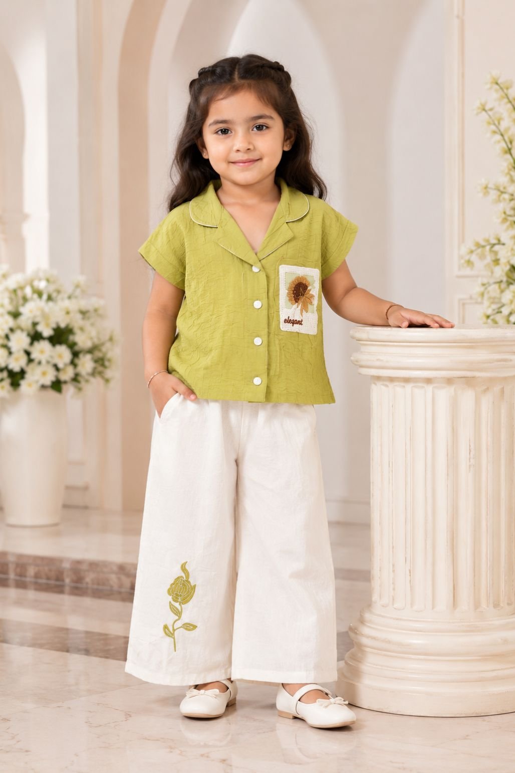 Floral Pocket Shirt & Wide Leg Pants Set for girls
