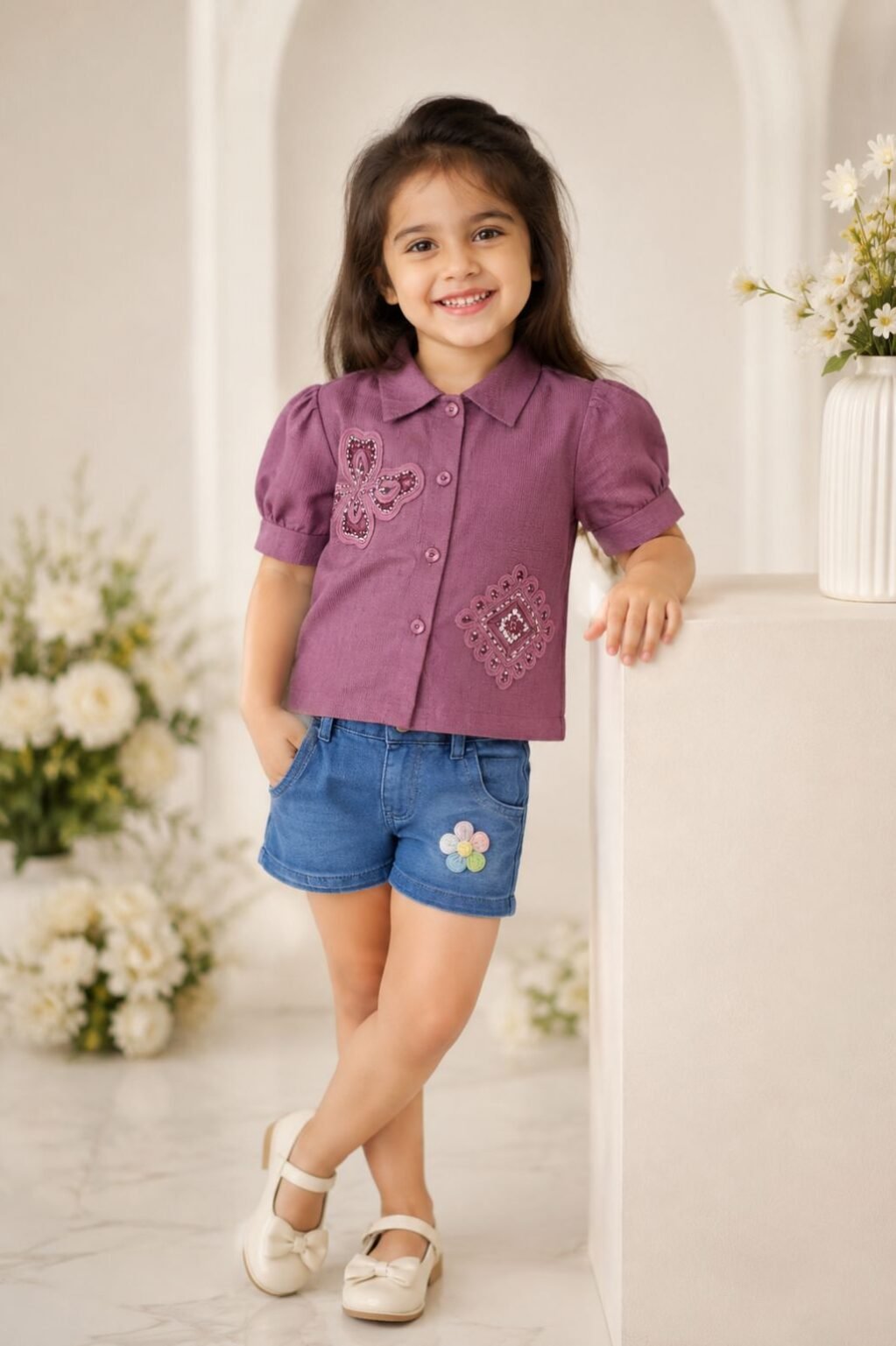 Girls Embroidered Shirt & Denim Shorts Set