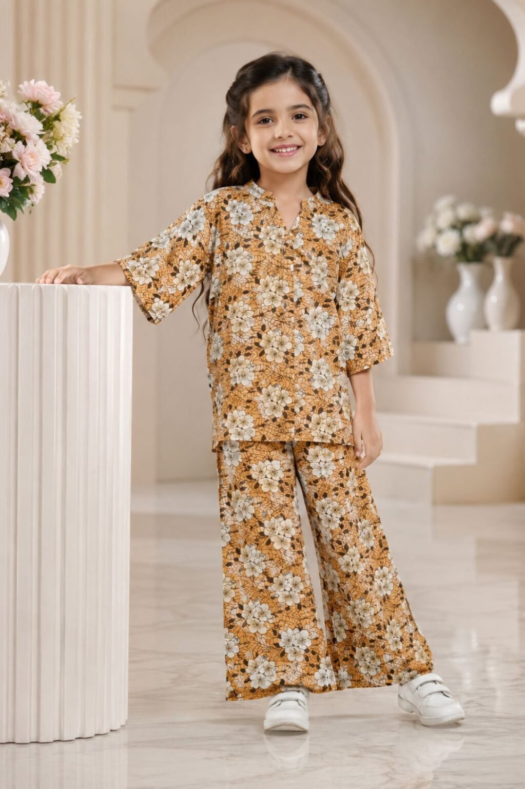 Girls Floral Cardigan Top & Pants Set (Brown)