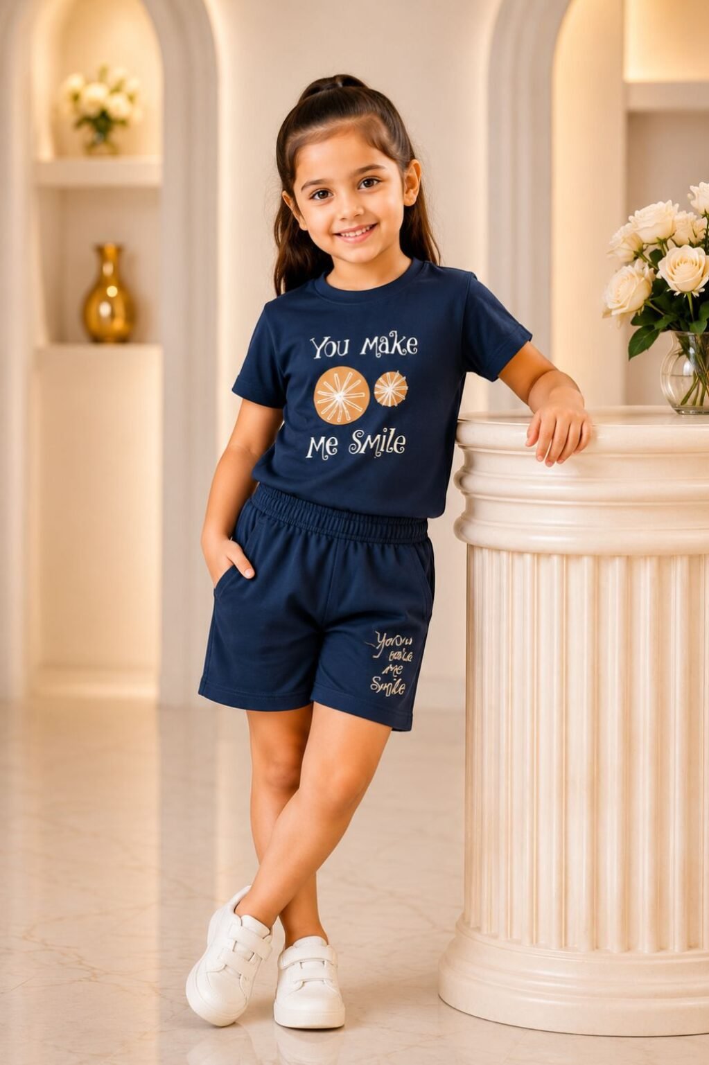 Girls Collared Shirt & Wide Leg Pants Set (Navy)