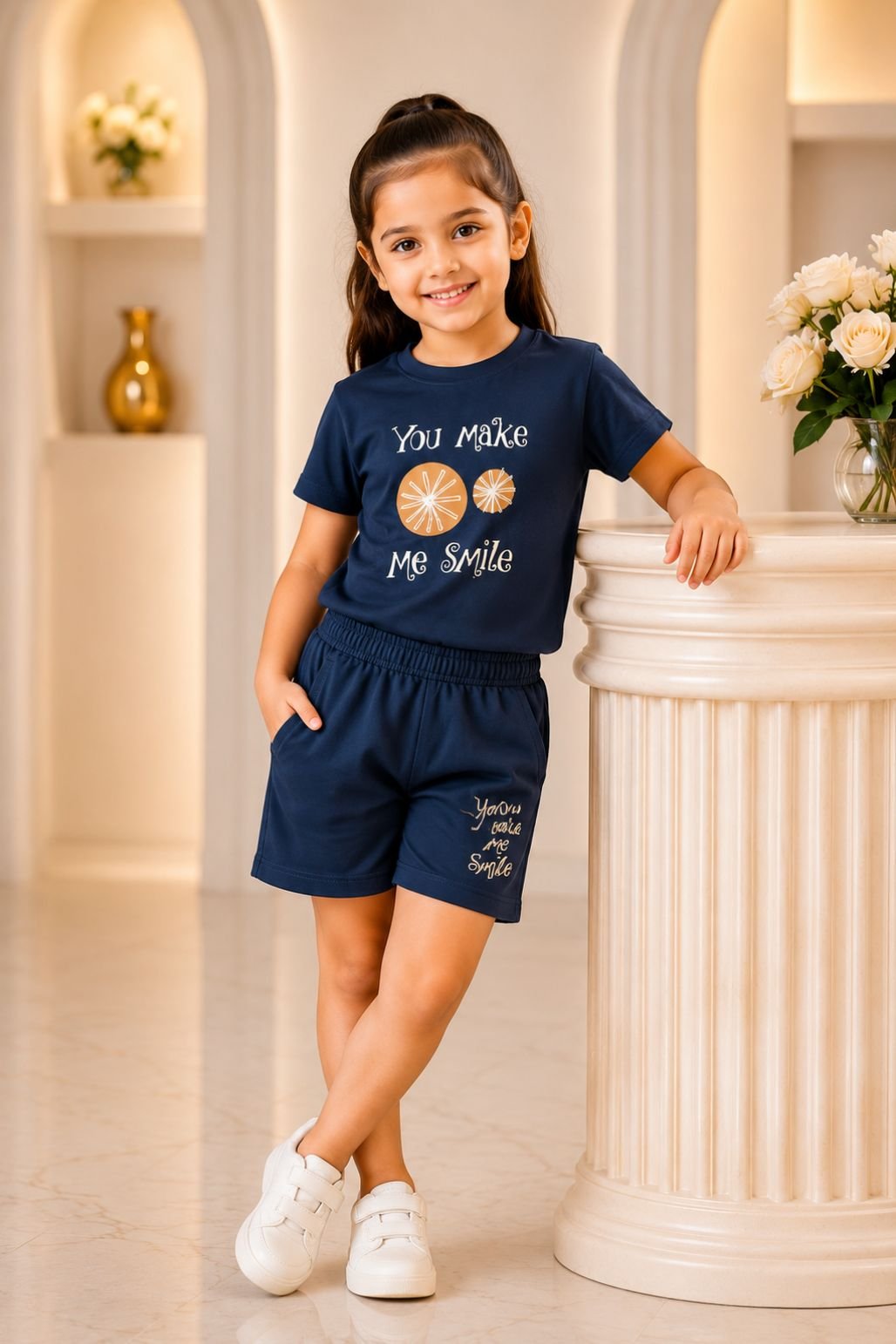 Girls Collared Shirt & Wide Leg Pants Set (Navy)