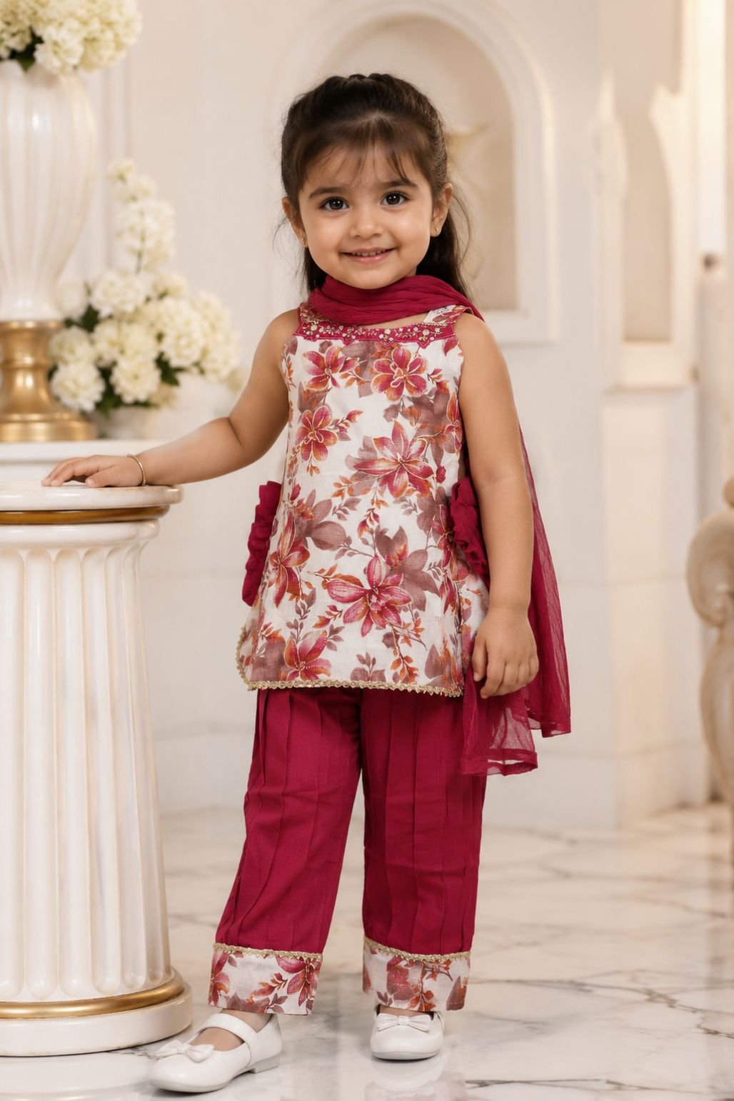 Girls Floral Sleeveless Dress (Pink/Red)