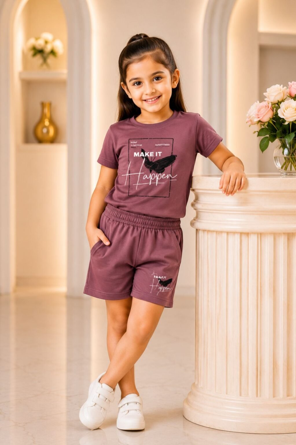 Girls Top & Shorts Set (Maroon)