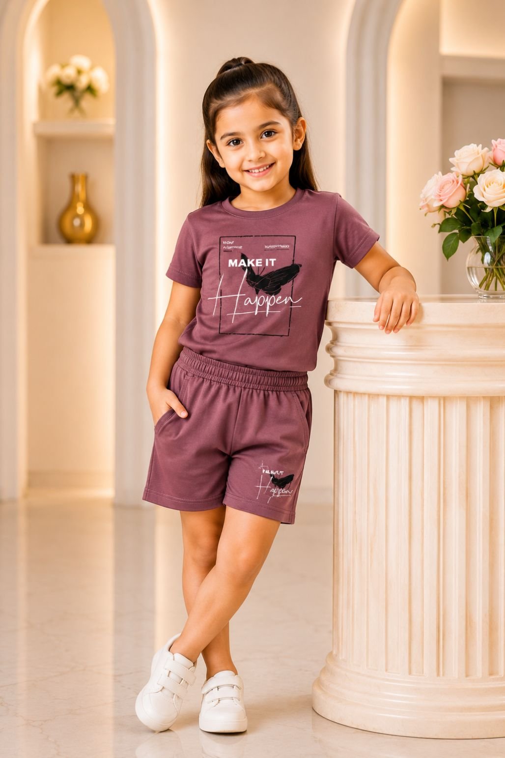 Girls Top & Shorts Set (Maroon)