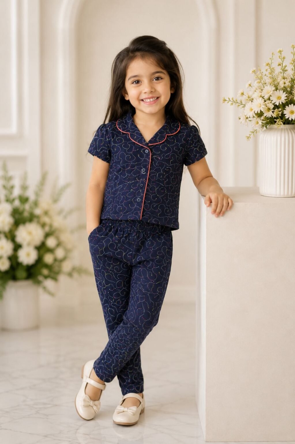 Dark Blue Textured Night Suit for girls