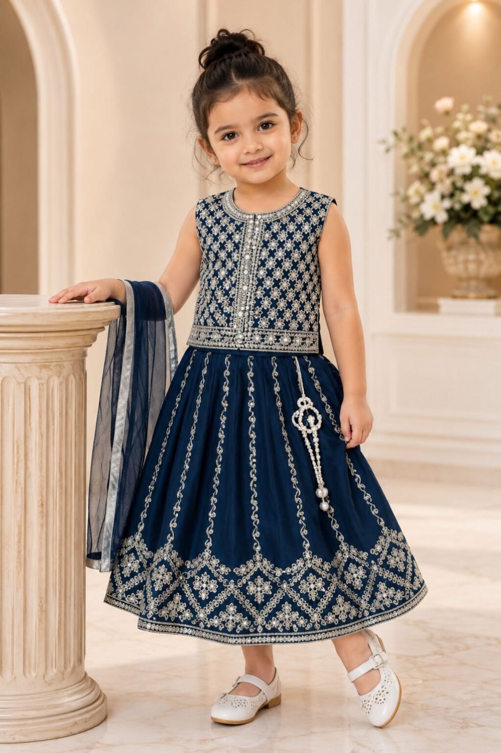 Girls Printed Long Dress (Navy)