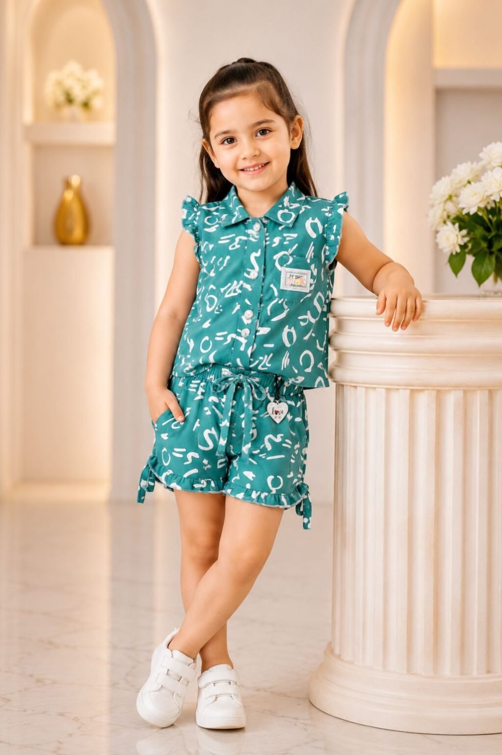 Girls Printed Top & Shorts Set (Teal)