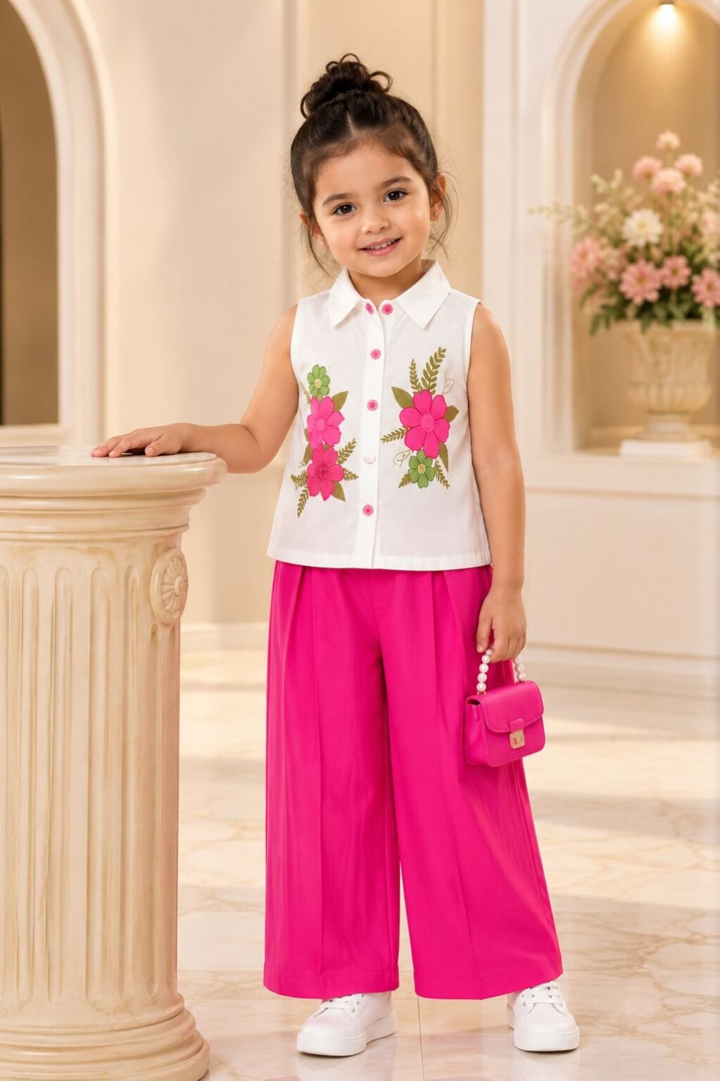 Girls Sleeveless Top with floral design & Skirt Set