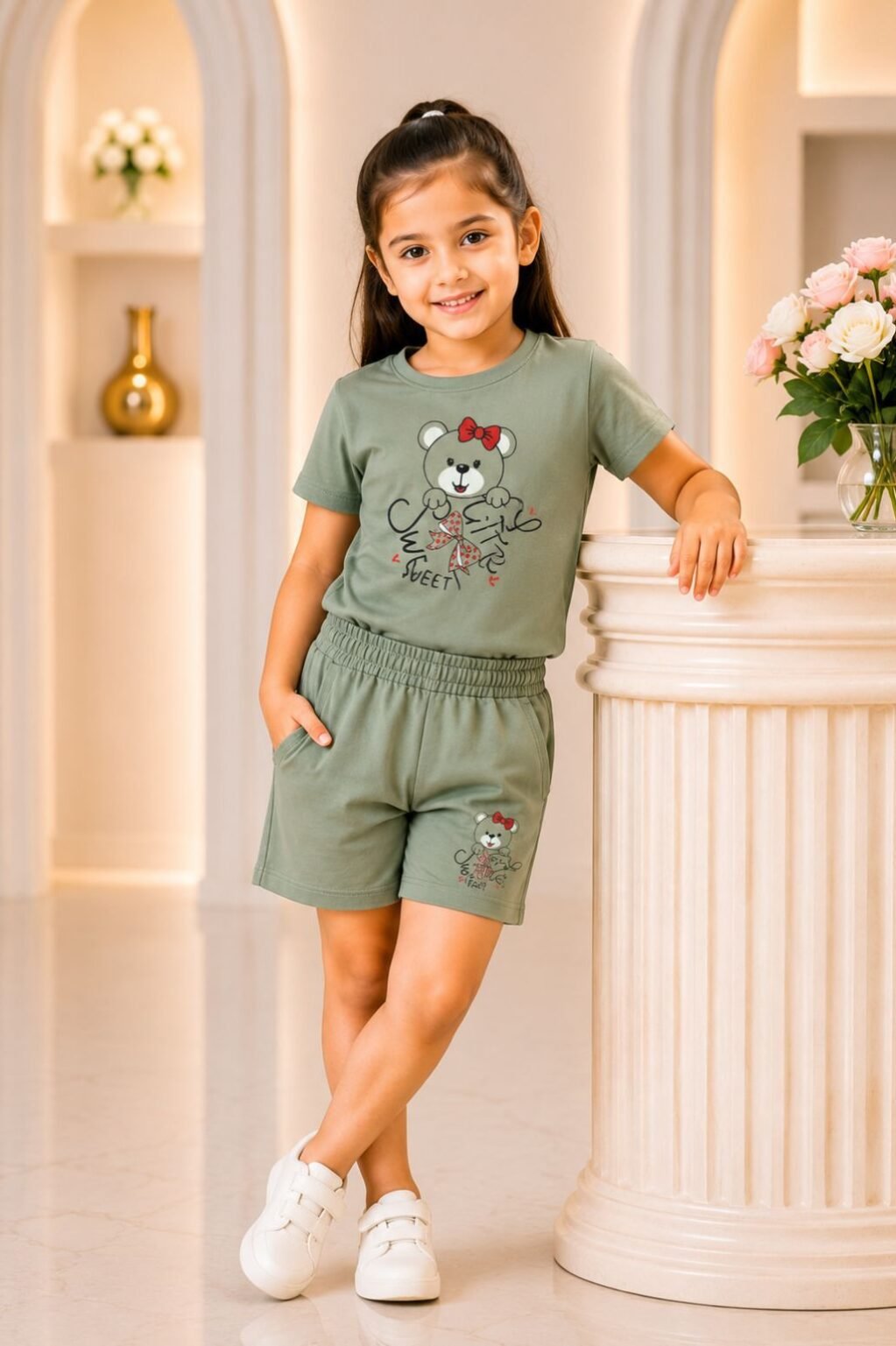 Girls Printed Cartoon T-Shirt & Shorts Set