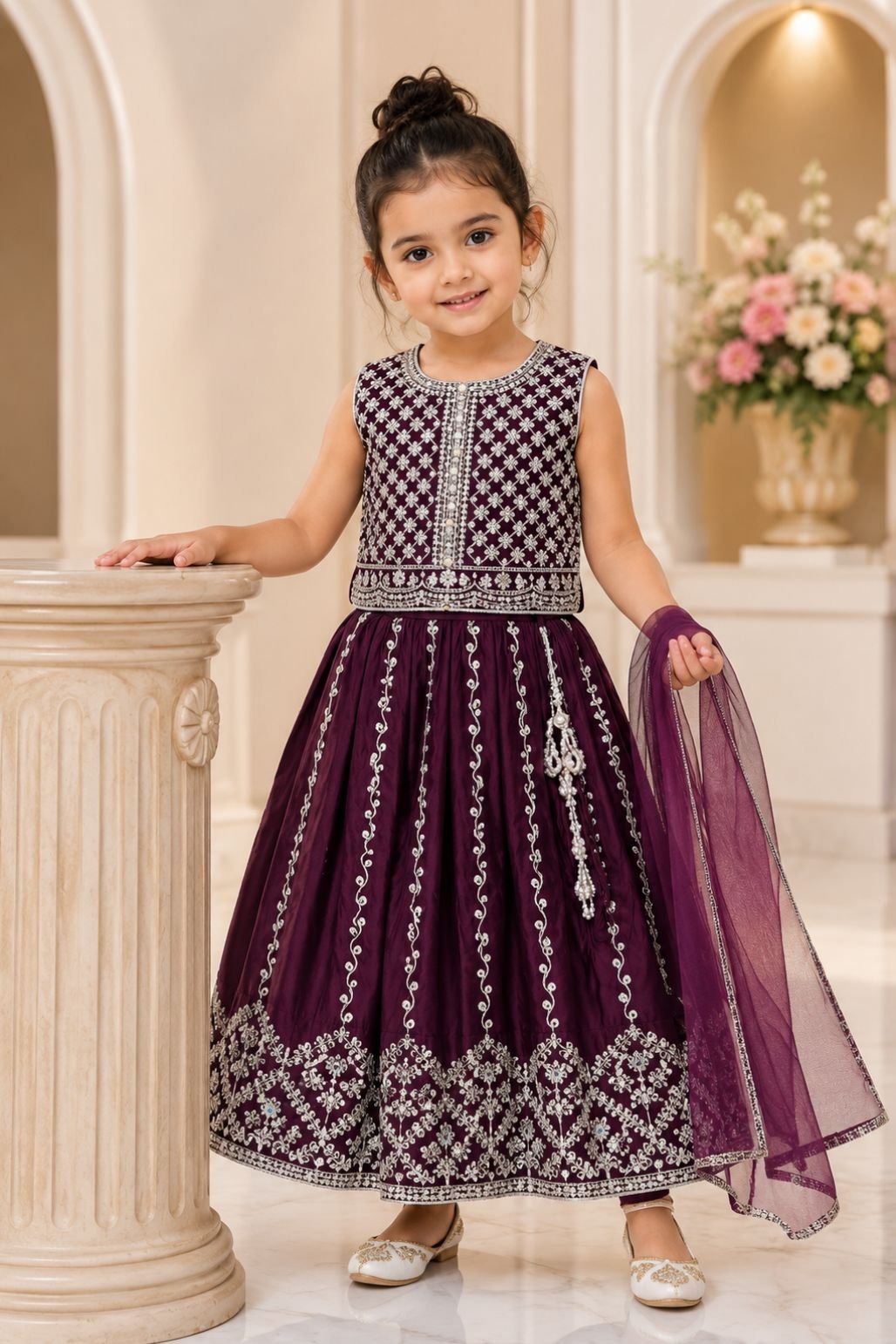 Girls Embroidered Long Party Dress (Maroon)