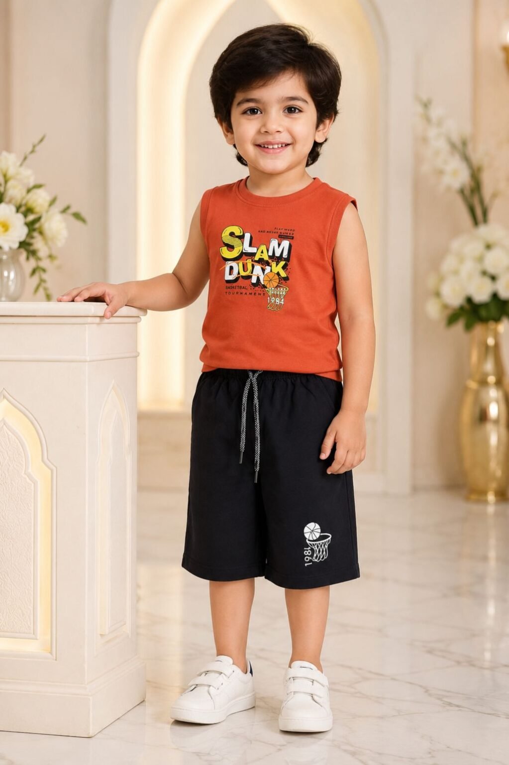 Boys Solid T-Shirt & Shorts Set (Orange)