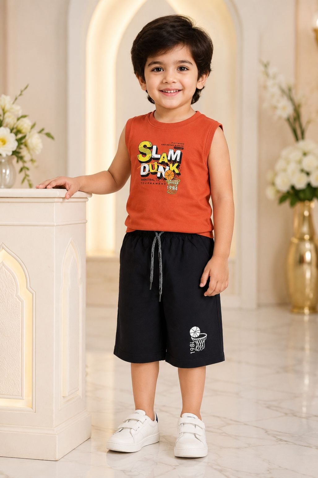 Boys Solid T-Shirt & Shorts Set (Orange)
