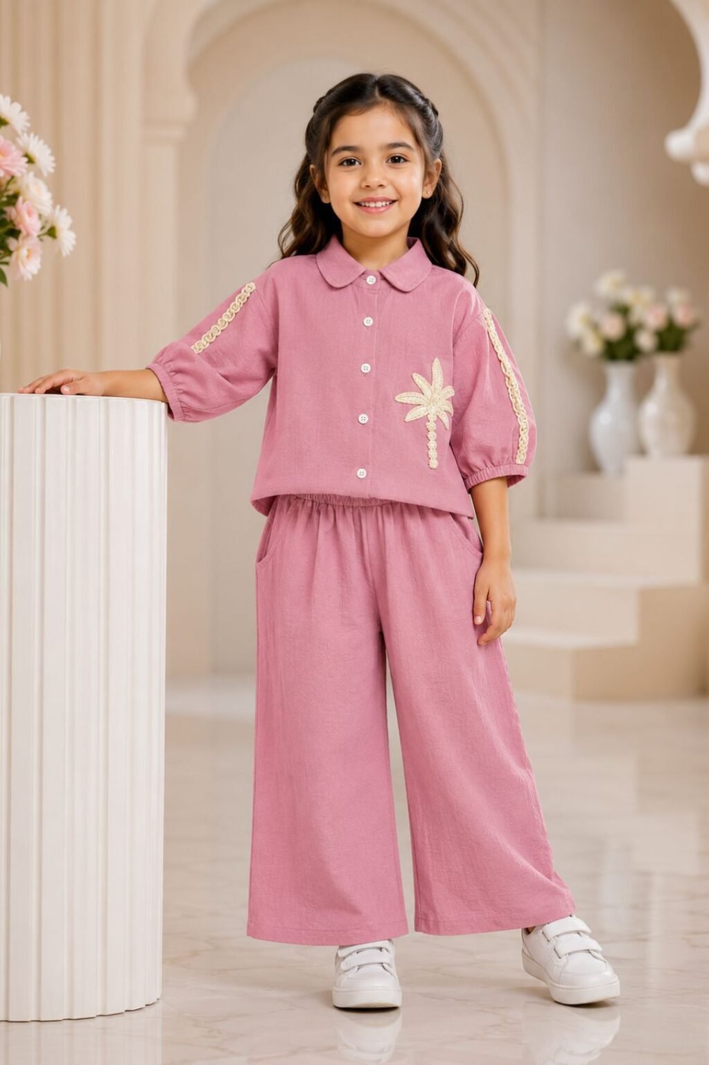 Girls Palm Embroidered Co-Ord Set (Pink)