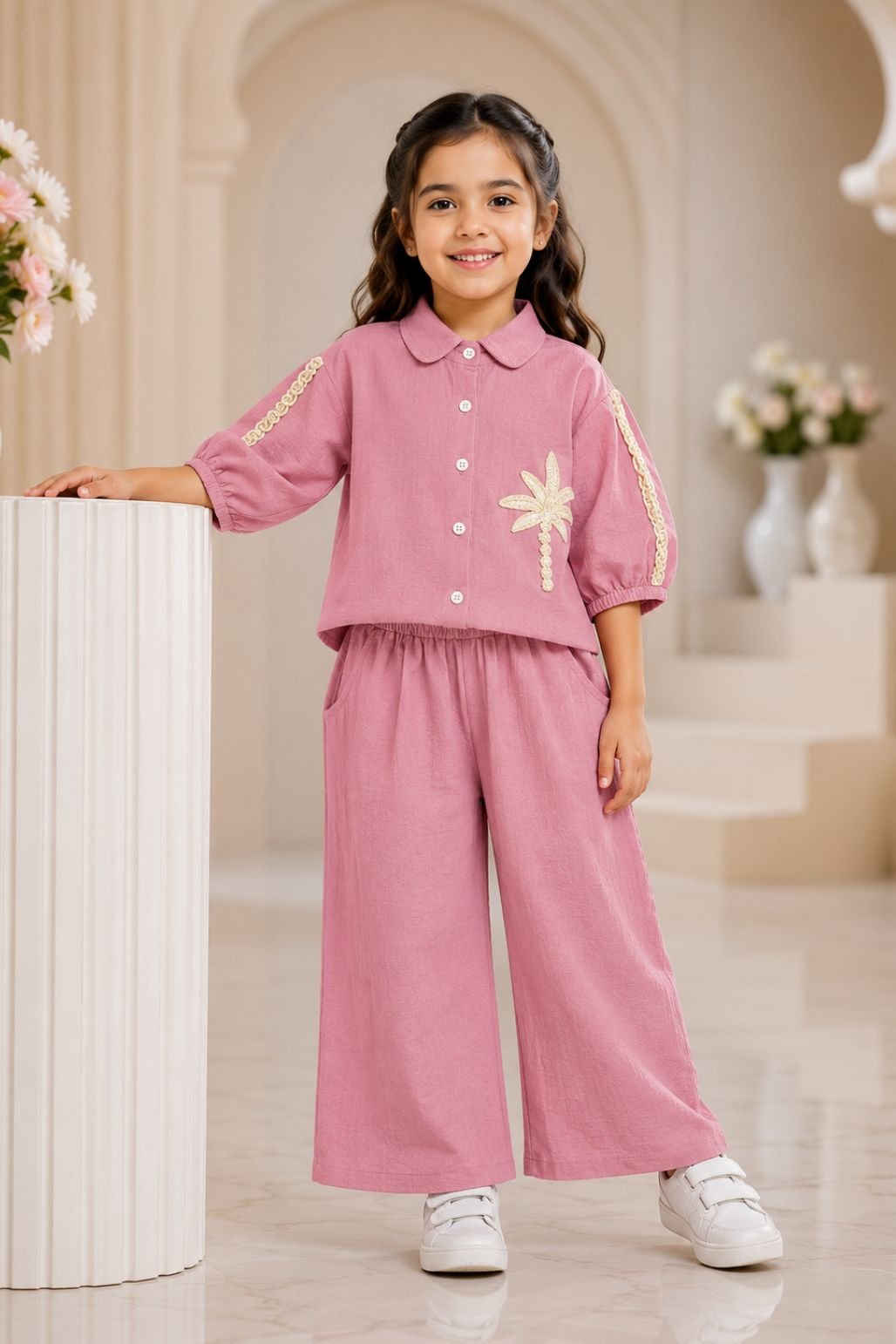 Girls Palm Embroidered Co-Ord Set (Pink)