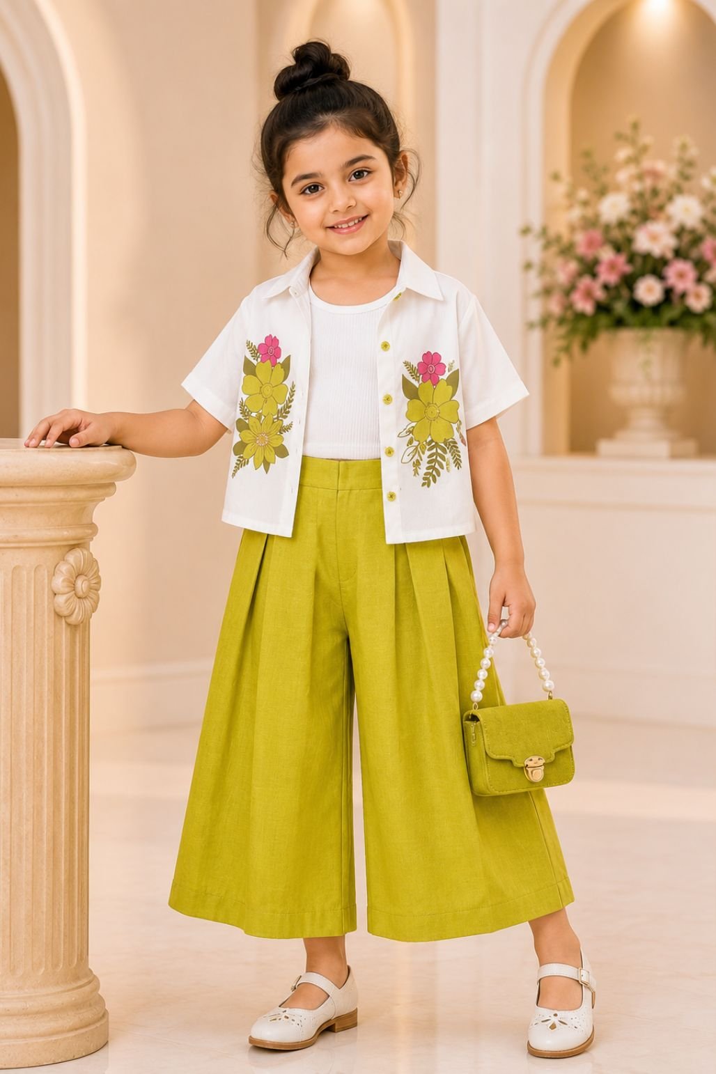 Girls Floral Shirt & Wide Leg Pants Set