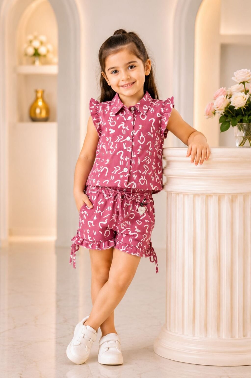 Girls Ruffle Printed Top & Shorts Co-Ord Set