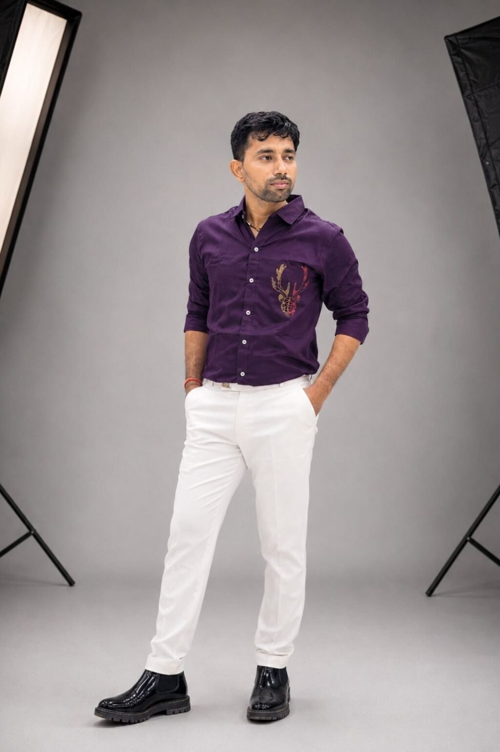 Purple shirt with white pant combo