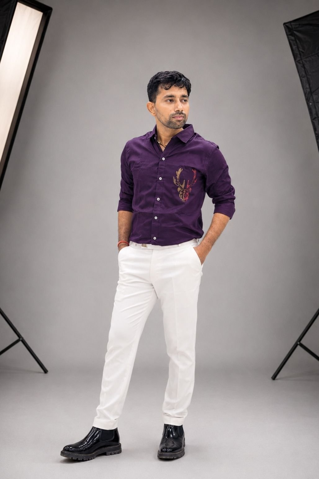 Purple shirt with white pant combo