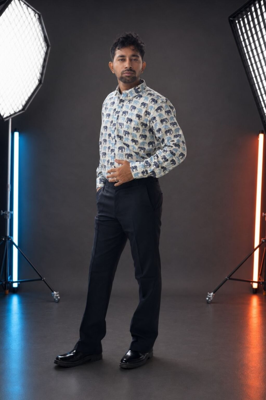 Men's Printed Elephant Motif Cotton Shirt with Pant