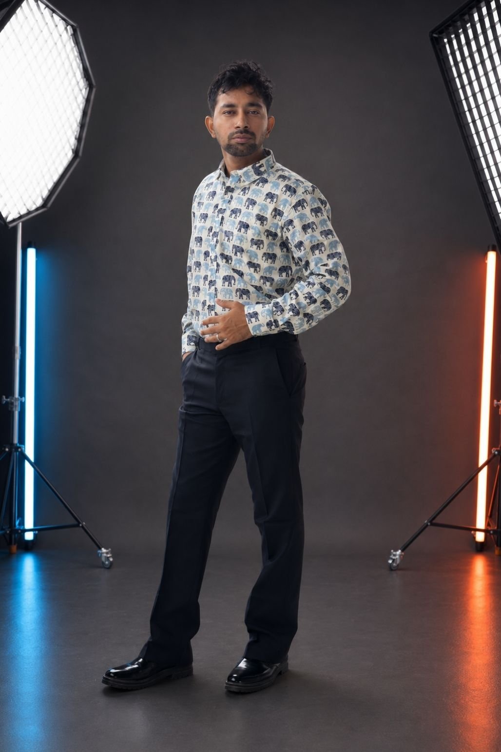 Men’s Printed Elephant Motif Cotton Shirt with Pant