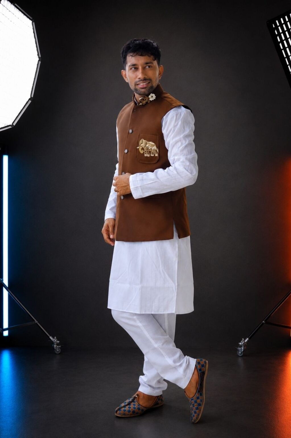 Brown koti with white kutra pajama