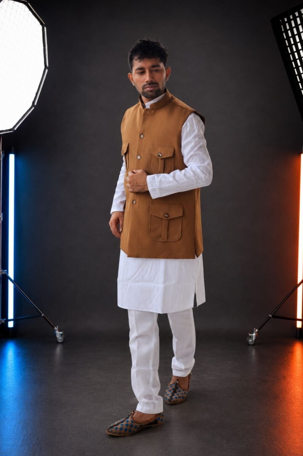 Brown hunter koti with white kutra pajama