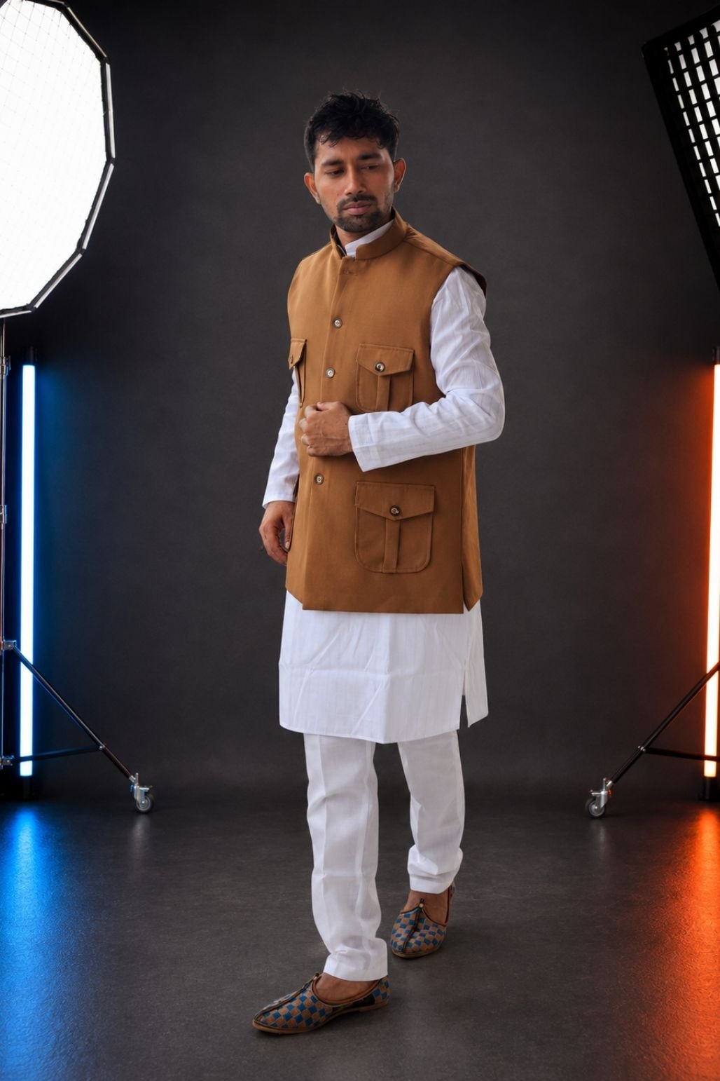 Brown hunter koti with white kutra pajama