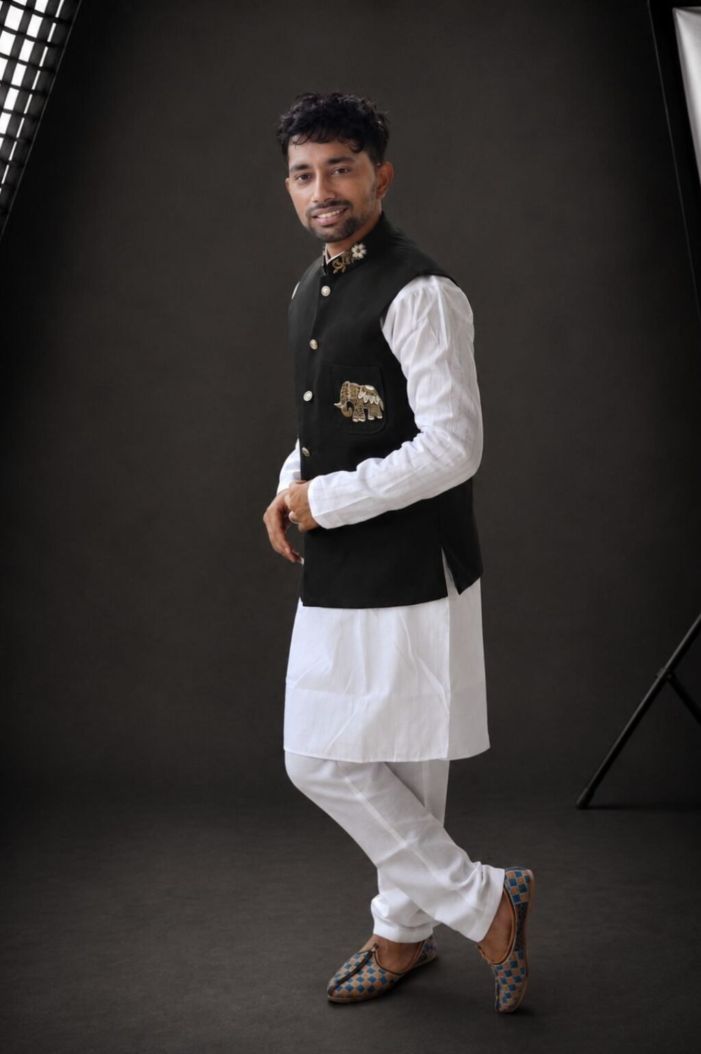Black koti with white kutra pajama