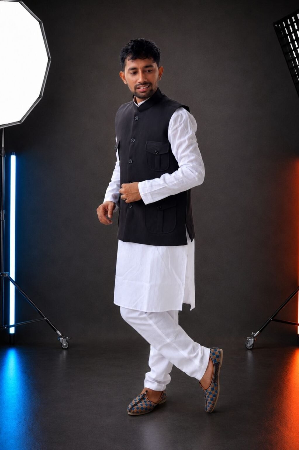 White kurta & pajama with black koti