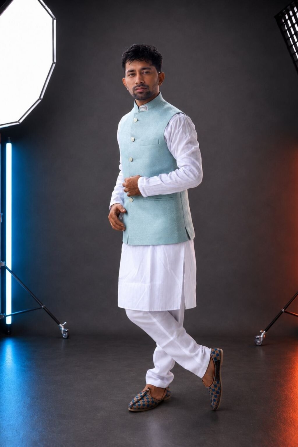 White kurta & pajama with sky blue koti
