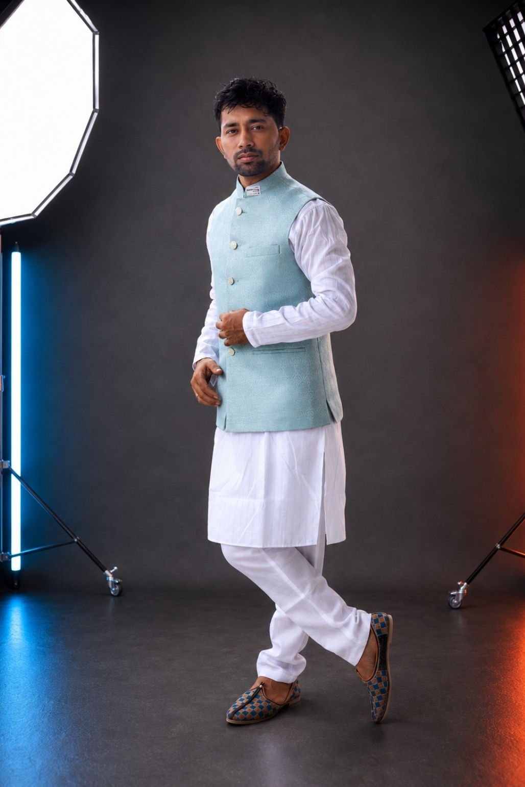 White kurta & pajama with sky blue koti
