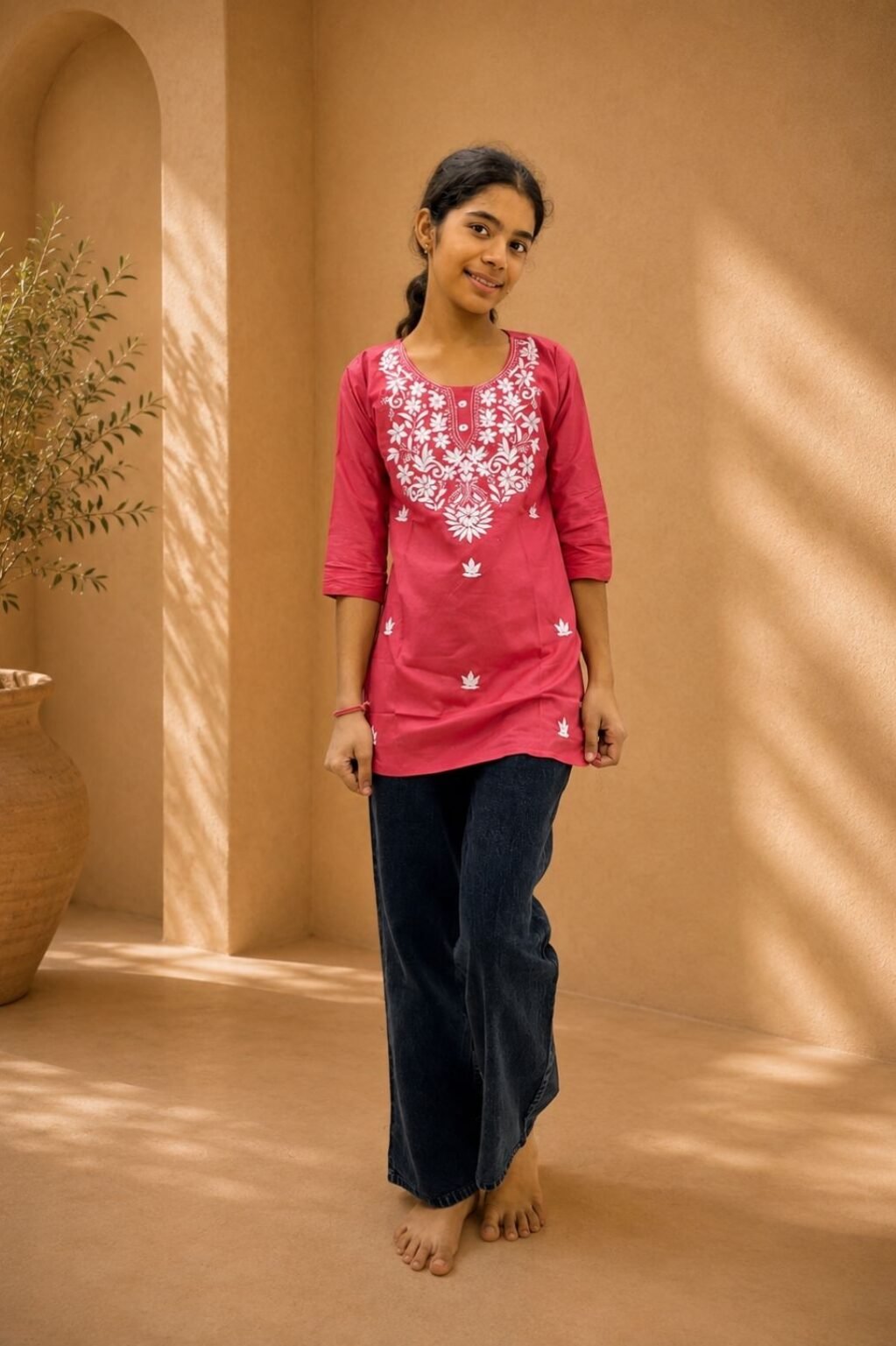 Girls Embroidered Kurti (Pink)