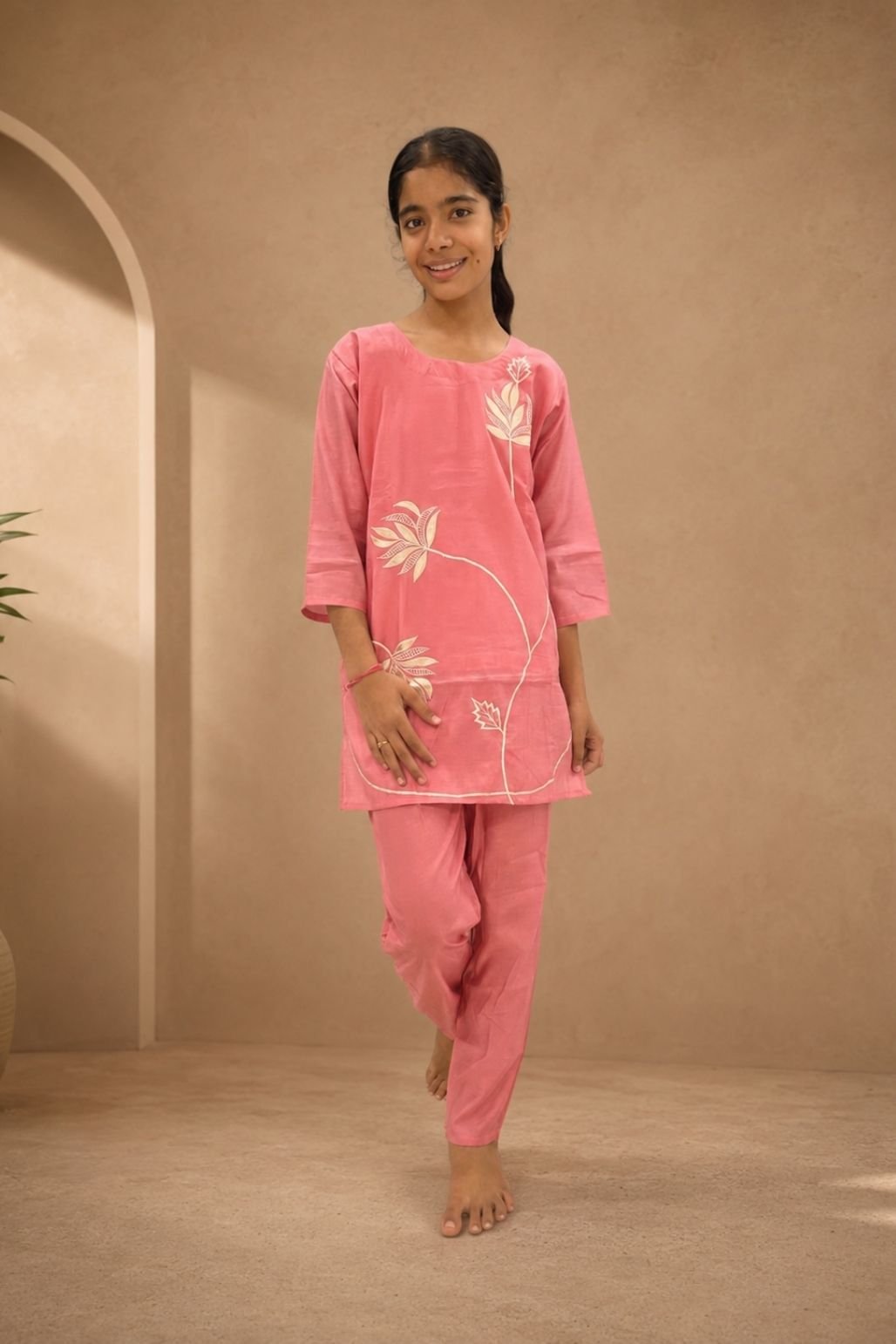 Girls Cotton Kurta Set (Light Pink)