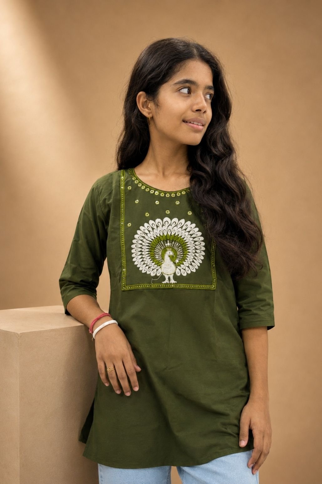 Girls Printed Kurti (Olive Green)