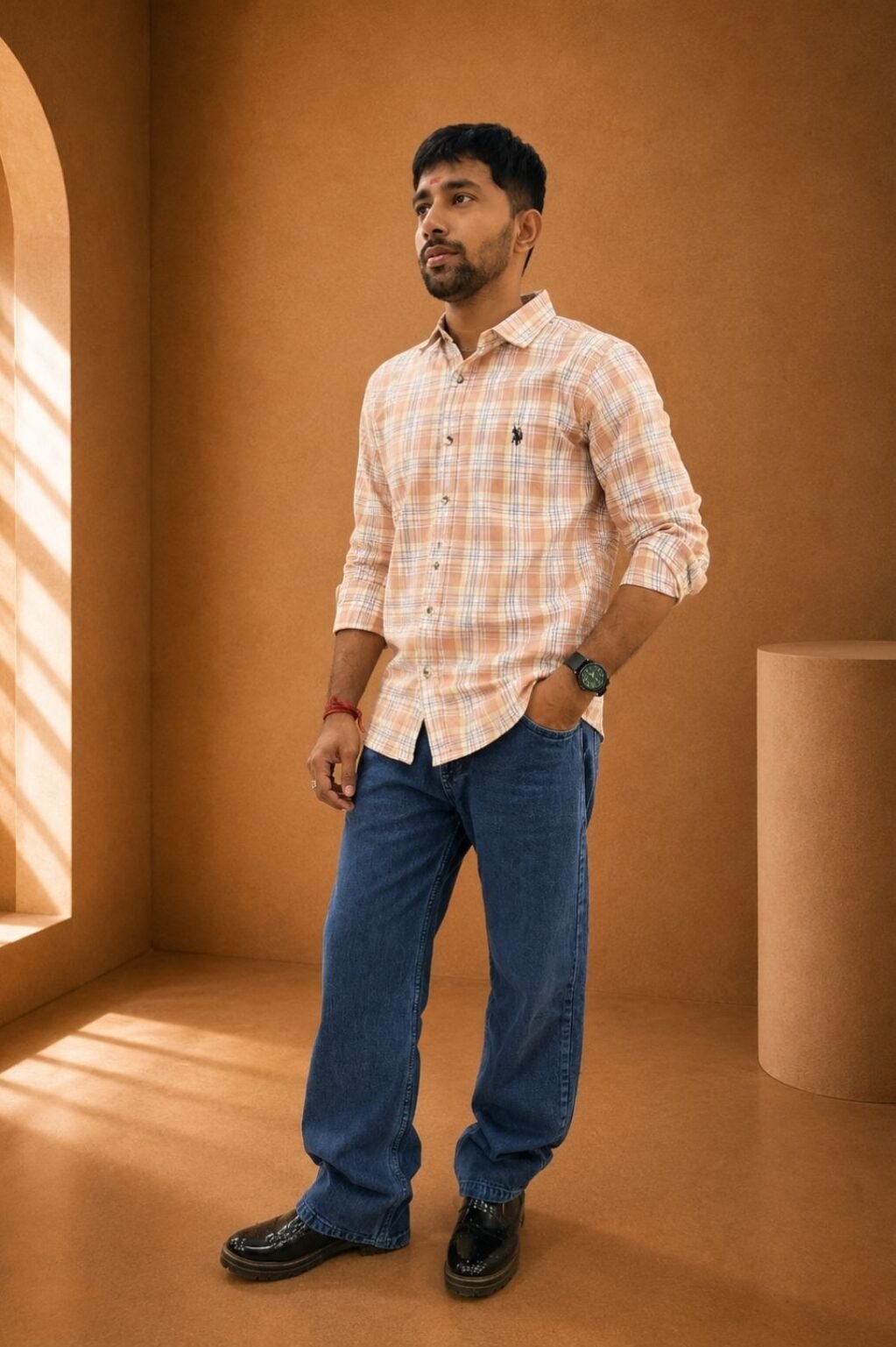 Men's Checked Casual Shirt (Peach)