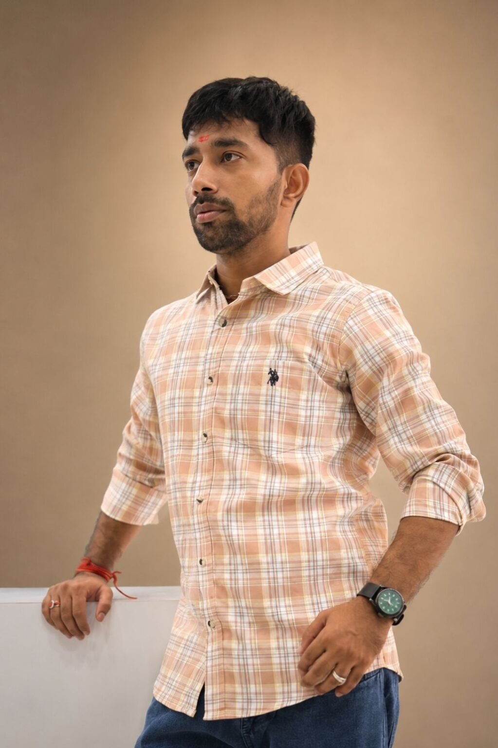 Men's Checked Casual Shirt (Peach & White)